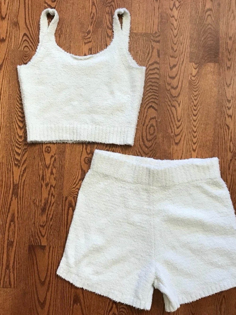 SKIMS Cream Fuzzy Tank and High-Waist Lounge Shorts Set